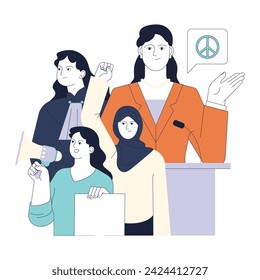 Political action. Women represented in politics. Civil society empowering, female activism for better future and equal opportunities. Diversity and inclusion. Flat vector illustration