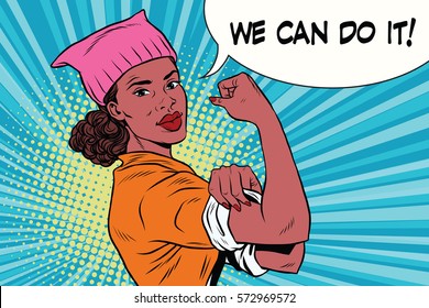 political activist black woman we can do it. Pink pussy cat hat. Vintage pop art retro vector illustration