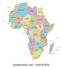 Political Africa Map vector illustration isolated on white background with country names in spanish. Editable and clearly labeled layers.