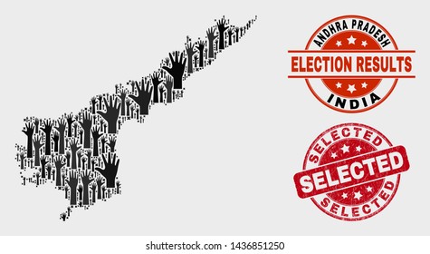 Political Andhra Pradesh State map and seal stamps. Red round Selected scratched seal. Black Andhra Pradesh State map mosaic of raised ballot hands. Vector combination for ballot results,