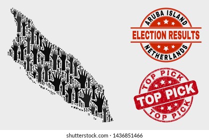 Political Aruba Island map and stamps. Red rounded Top Pick grunge seal stamp. Black Aruba Island map mosaic of raised support arms. Vector composition for ballot results, with Top Pick seal.