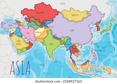 Political Asia Map vector illustration with different colors for each country. Editable and clearly labeled layers.