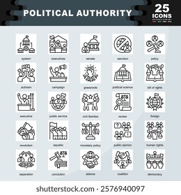 Political Authority icon set containing system, executives, senate, sanction, policy, activism, campaign, political science, civil liberties, monetary policy icon. Simple line vector