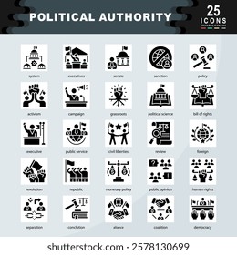 Political Authority icon set containing system, executives, senate, sanction, policy, activism, campaign, political science, civil liberties, monetary policy icon. Simple glyph vector