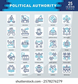 Political Authority icon set containing system, executives, senate, sanction, policy, activism, campaign, political science, civil liberties, monetary policy icon. Simple vector illustration