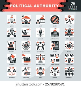 Political Authority icon set containing system, executives, senate, sanction, policy, activism, campaign, political science, civil liberties, monetary policy icon. Simple vector illustration