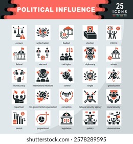 Political Authority icon set containing system, executives, senate, sanction, policy, activism, campaign, political science, civil liberties, monetary policy icon. Simple vector illustration