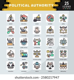 Political Authority icon set containing system, executives, senate, sanction, policy, activism, campaign, political science, civil liberties, monetary policy icon. Simple flat line vector