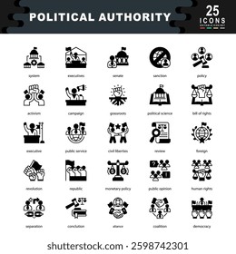 Political Authority icon set containing system, executives, senate, sanction, policy, activism, campaign, political science, civil liberties, monetary policy icon. Simple black vector