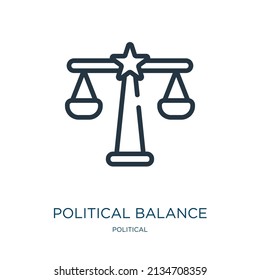 political balance thin line icon. building, judge linear icons from political concept isolated outline sign. Vector illustration symbol element for web design and apps.