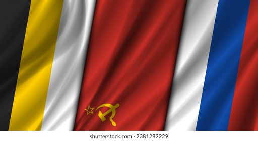 Banner político con símbolos del estado. Tres banderas históricas onduladas de Rusia. Imperio Ruso, Unión Soviética y Federación de Rusia. Tricolores, estrellas, martillo y hoz.