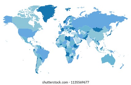 Political blank World Map vector illustration with different tones of blue for each country. Editable and clearly labeled layers.