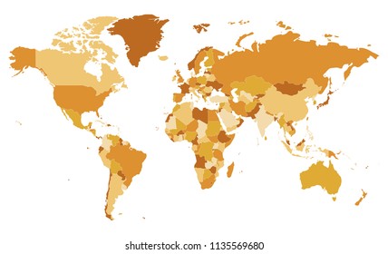 Political blank World Map vector illustration with different tones of orange for each country. Editable and clearly labeled layers.