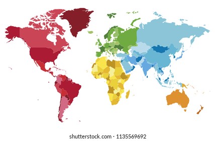 Political blank World Map vector illustration with different colors for each continent and different tones for each country. Editable and clearly labeled layers.