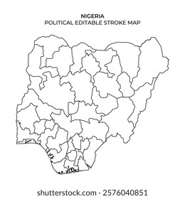 The political boundaries of Nigeria, featuring distinct regions and states, suitable for educational use or design projects. It highlights the diverse administrative divisions.