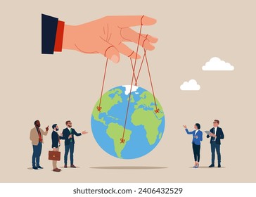 Political and business games. Puppet string to control the world. Flat vector illustration