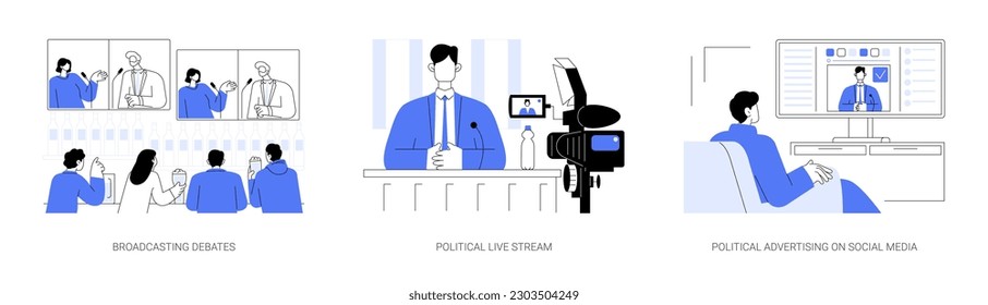 Political campaign abstract concept vector illustration set. Broadcasting debates, political live stream, advertising in social media, president candidates, election campaign abstract metaphor.