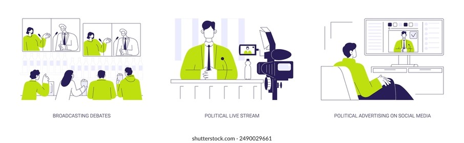 Political campaign abstract concept vector illustration set. Broadcasting debates, political live stream, advertising in social media, president candidates, election campaign abstract metaphor.