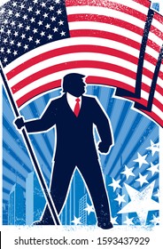 Political campaign background or poster, depicting the silhouette of US president Donald J Trump, bearing the flag of the United States of America over abstract background. 