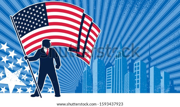 抽象的な背景に米国の国旗を掲げた 米国大統領ドナルド J トランプのシルエットを描いた政治キャンペーンの背景またはポスター のベクター画像素材 ロイヤリティフリー