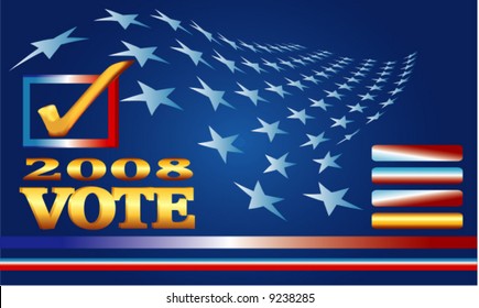 Political campaign banner of rippled stars on blue background with patriotic web buttons and bars.