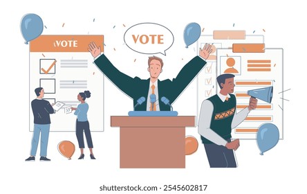 Conceito de campanha política. Homem na tribuna política. Campanha eleitoral. Liberdade política de escolha e democracia. Eleições e referendo. Ilustração de vetor plano isolada no plano de fundo branco