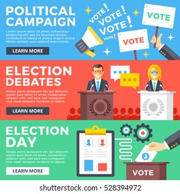 Political campaign, election debates, election day flat illustration concepts set. Flat design graphics elements for web sites, web banners, printed materials, infographics. Modern vector illustration