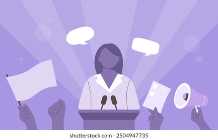 Political campaign. Female politician stands behind the podium