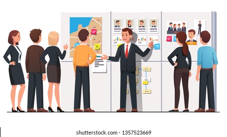 Political Campaign Office Meeting. Politician Talking To Pr Company Or Hq Staff People Group Showing Candidate Polling Statistics, Competitors Photo On Whiteboard. Flat Vector Character Illustration