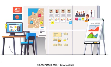 Oficina de campaña política con datos de investigación en pizarra grande con gráficos estadísticos, diagramas de estrategia, fotos de candidatos políticos, mapas regionales 