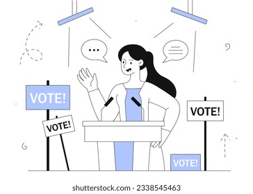 Concepto de línea de candidatos políticos. La muchacha habla desde el escenario, responde preguntas. Política y sociedad, democracia. Candidato a la presidencia con campaña preelectoral. Ilustración lineal vectorial