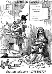 A Political Cartoon Showing A Napoleon Holding Weapon In His Hands Pointed Towards A Prisoner, Vintage Line Drawing Or Engraving Illustration.