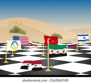 Political changes in Syria like a chessboard against a desert landscape.Syria with a new flag and new influential countries with flags.The fall of the dictatorship,the policy defeat of Iran and Russia