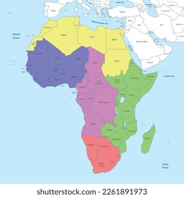 Politische Farbkarte von Afrika mit den Grenzen der Staaten.