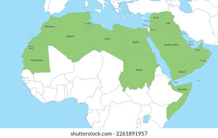 Mapa político de color del mundo árabe con fronteras de los estados