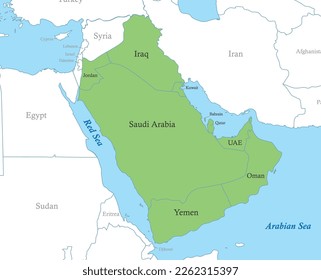 Mapa político de color de la península árabe con fronteras de los estados.