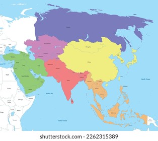 Political color map of Asia with borders of the states.