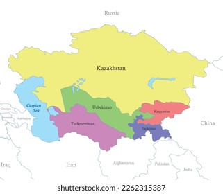 Political color map of Central Asia with borders of the states.