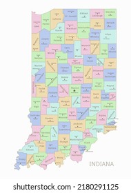 Political Color Map Of Indiana, USA Federal State. Highly Detailed Map Of American Region With Territory Borders And Counties Names Labeled Realistic Vector Illustration