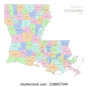 Political color map of Louisiana, USA federal state. Highly detailed map of Southern American region with territory borders and counties names labeled vector illustration