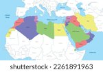 Political color map of MENA region with borders of the states. Middle East and North Africa