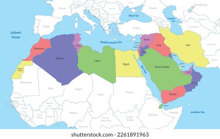 Political color map of MENA region with borders of the states. Middle East and North Africa svg