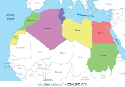 Political color map of North Africa with borders of the states.