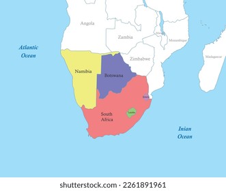 Political color map of Southern Africa with borders of the states.