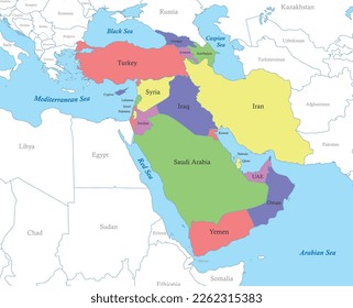 Political color map of Western Asia with borders of the states.