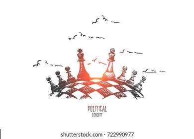 Political concept. Hand drawn chess board as symbol of political game. Black and white chess figures isolated vector illustration.