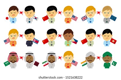 Political conflict between nations. Vector flat illustration set (male/upper body ). 