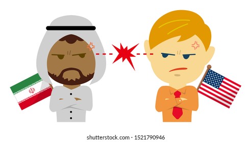Political conflict between nations. Vector flat illustration (male/upper body ). Iran vs USA