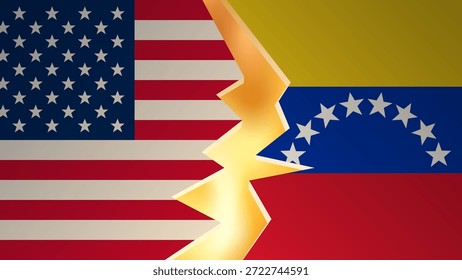 Vektorbanner für politische Konflikte mit Feuerriss oder Blitz zwischen den Flaggen der USA und Venezuelas. Dunkler horizontaler Hintergrund, dramatisches Design. Konzept der Konfrontation, Spannung oder Verschlechterung der Beziehungen.