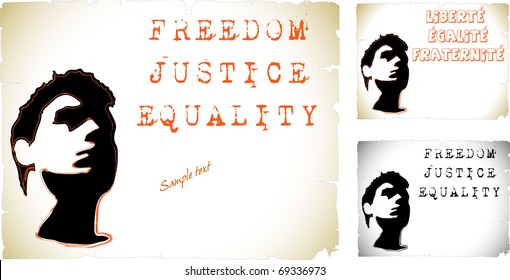 Political convictions. Freedom, justice, equality. Silhouette of face. France. French Revolution. Liberte, egalite, fraternite.